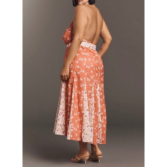 Maeve Anthropologie Halter Open-Back Godet Midi Shirt Dress Orange Floral Size L - Picture 7 of 8